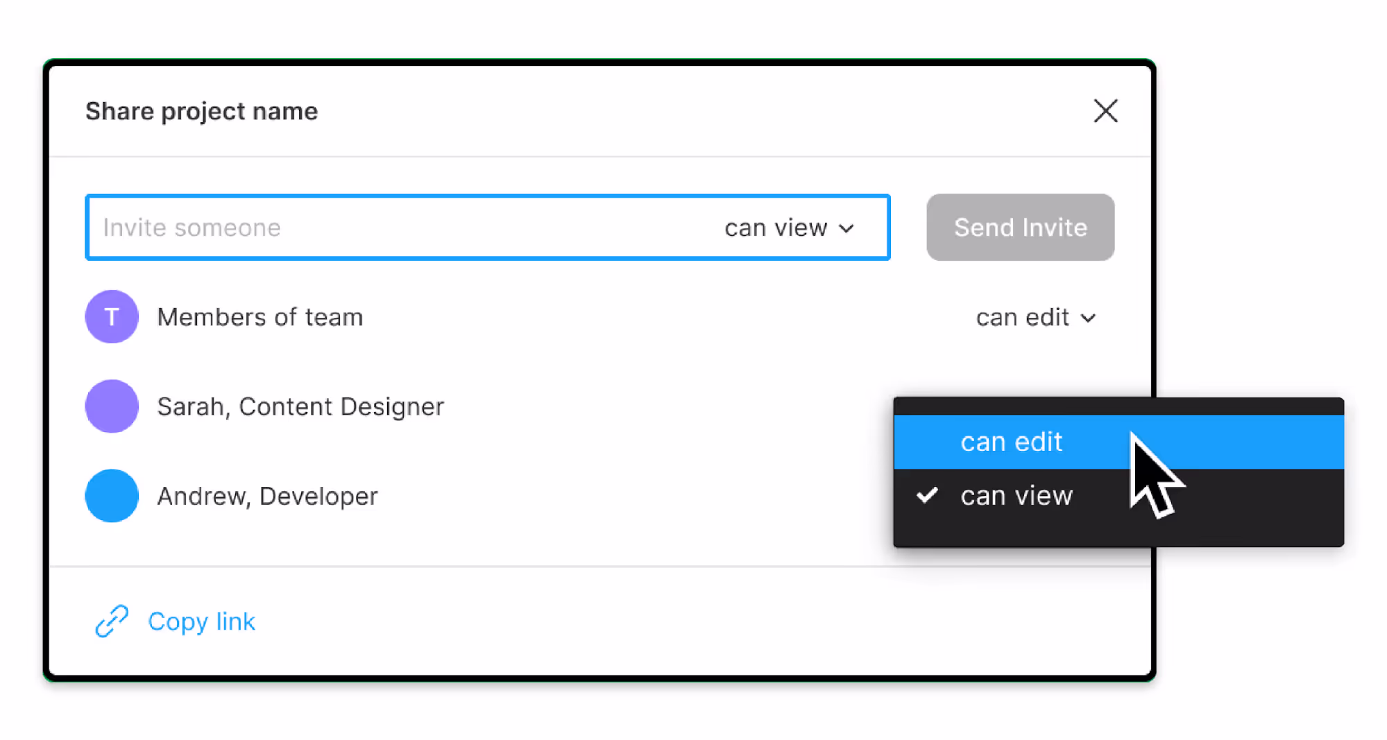 Screenshot of Figma’s share dialog. A text box allows users to select people to share projects with, and a dropdown grants editing privileges, either ‘can edit’ or ‘can view’. There is no information about the charge associated with this action.
