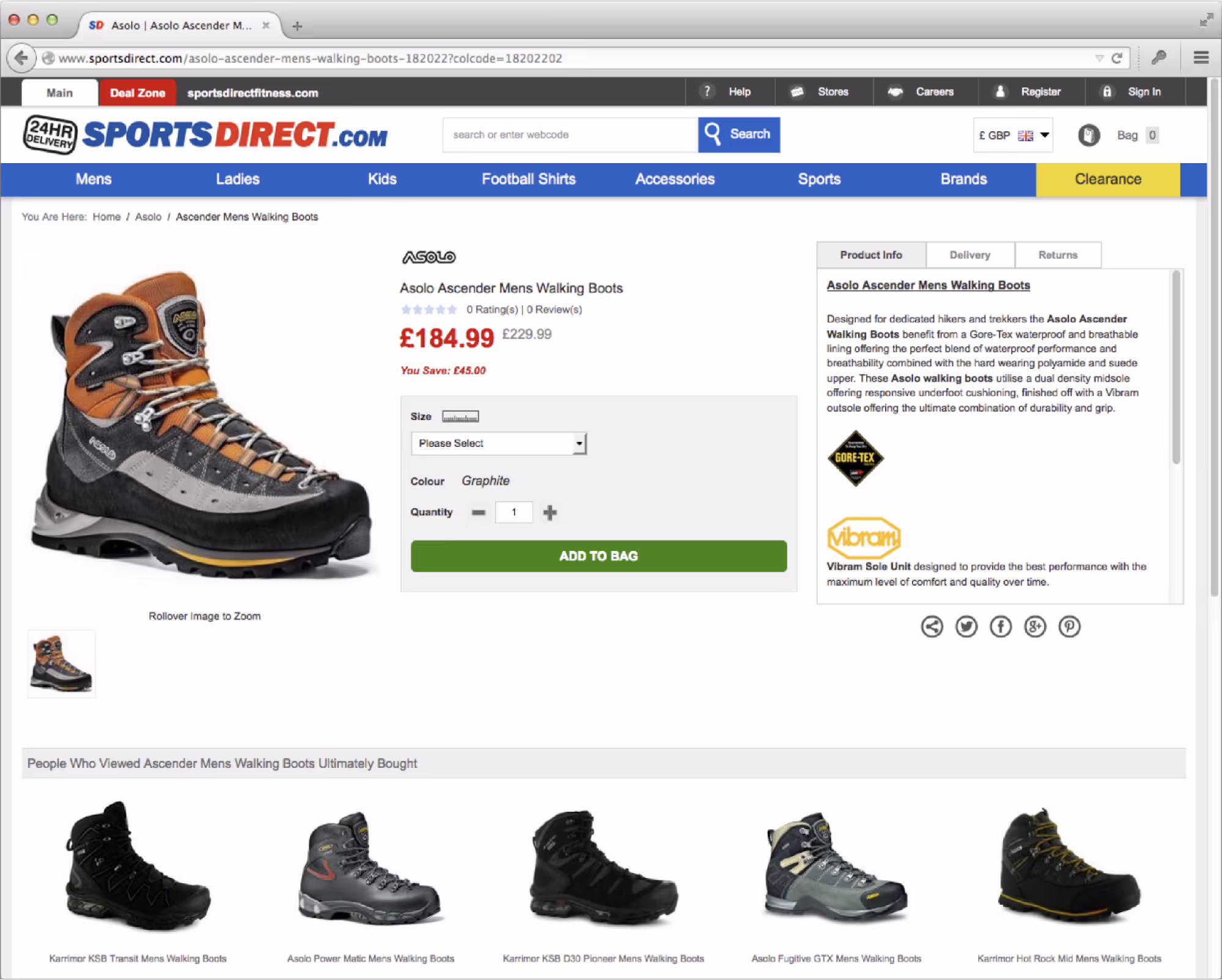 Screenshot of a product page for walking boots. On the left is the product image; in the centre is product information, including the price of £184.99.