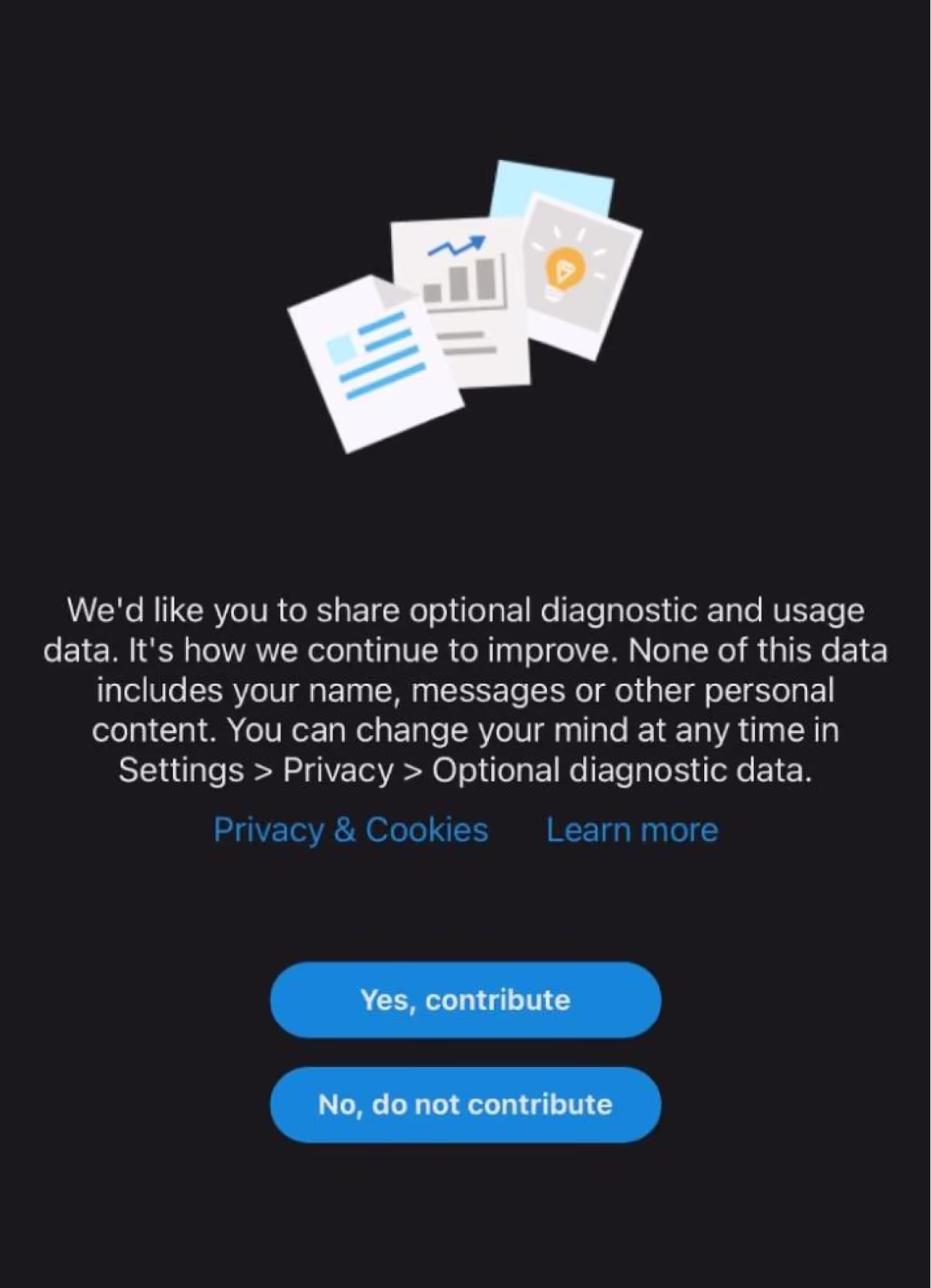 Screenshot of a dialog box in the Skype iPad app asking the user for permission to share diagnostic and usage data. As well as two links, ‘Privacy & Cookies’ and ‘Learn more’, there are two blue buttons with white text, clearly labelled with ‘Yes, contribute’ and ‘No, do not contribute’.