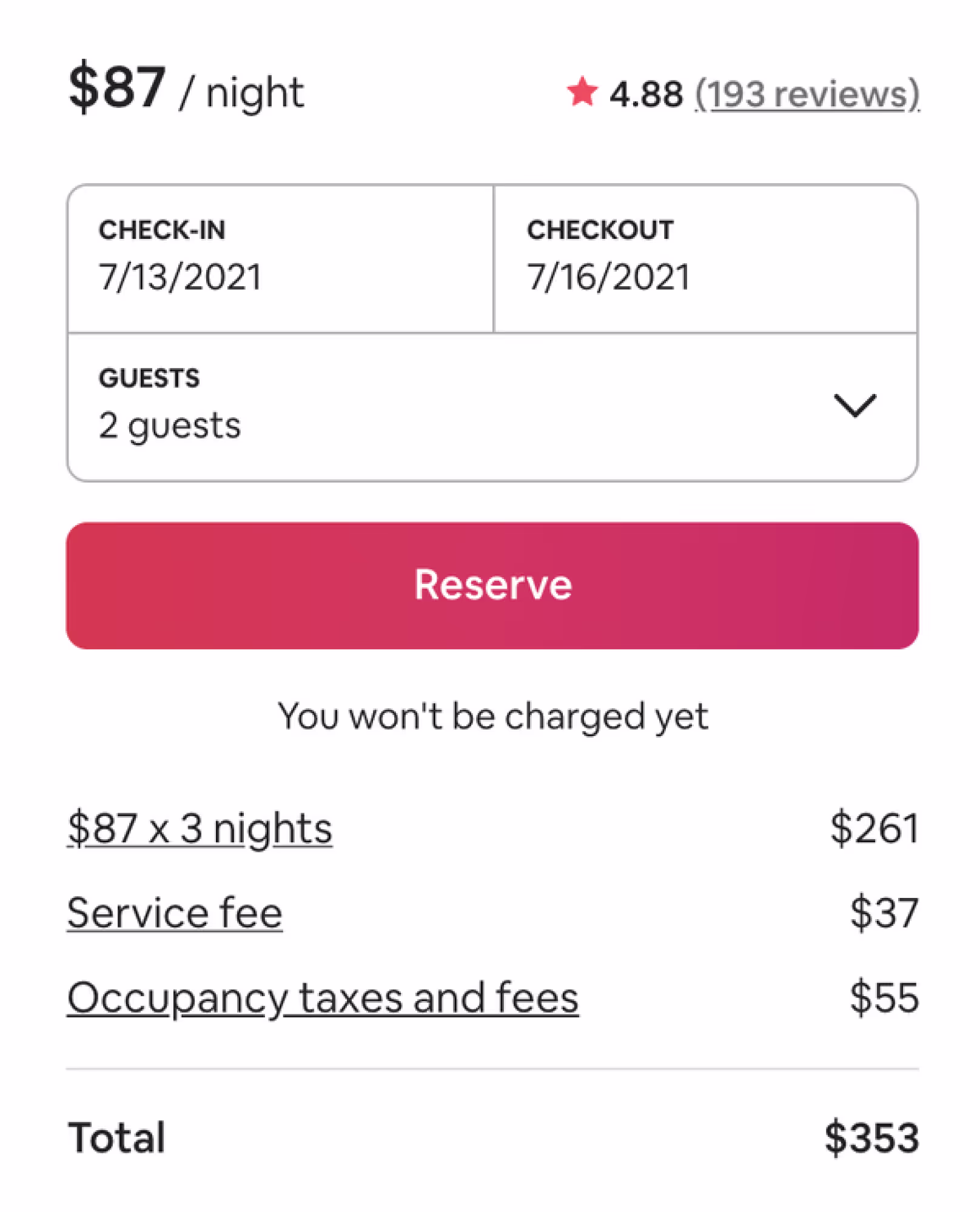 Screenshot of US airbnb.com, showing the property listing details. New fees have been added: a service fee of $37, and ‘occupancy taxes and fees’ of $55, bringing the total to $353.