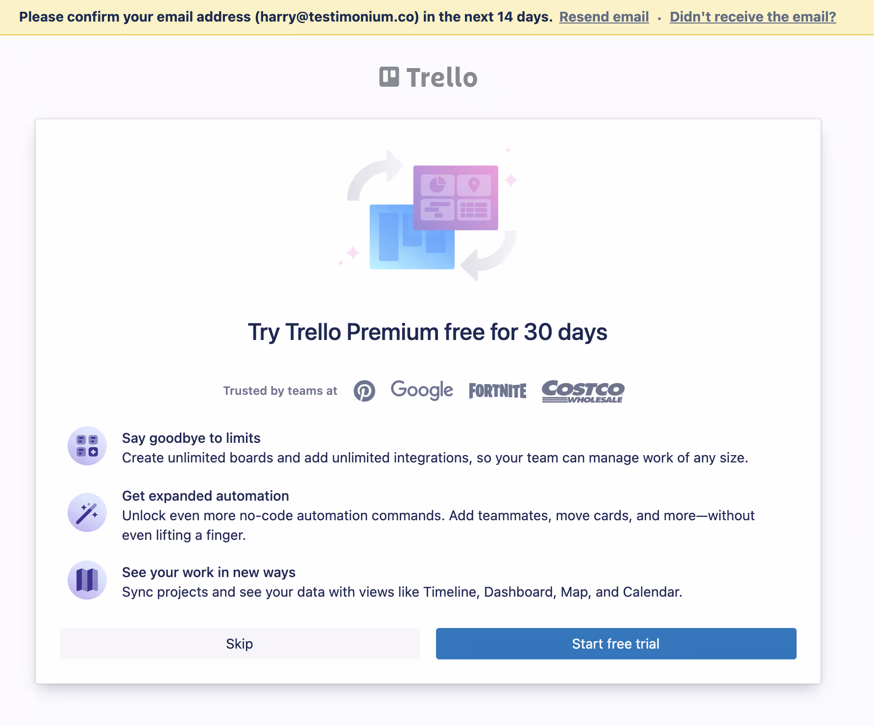 Screenshot from Trello website now more clearly telling users they can opt out of the trial of Trello Premium by using a visible button clearly labelled ‘Skip’.