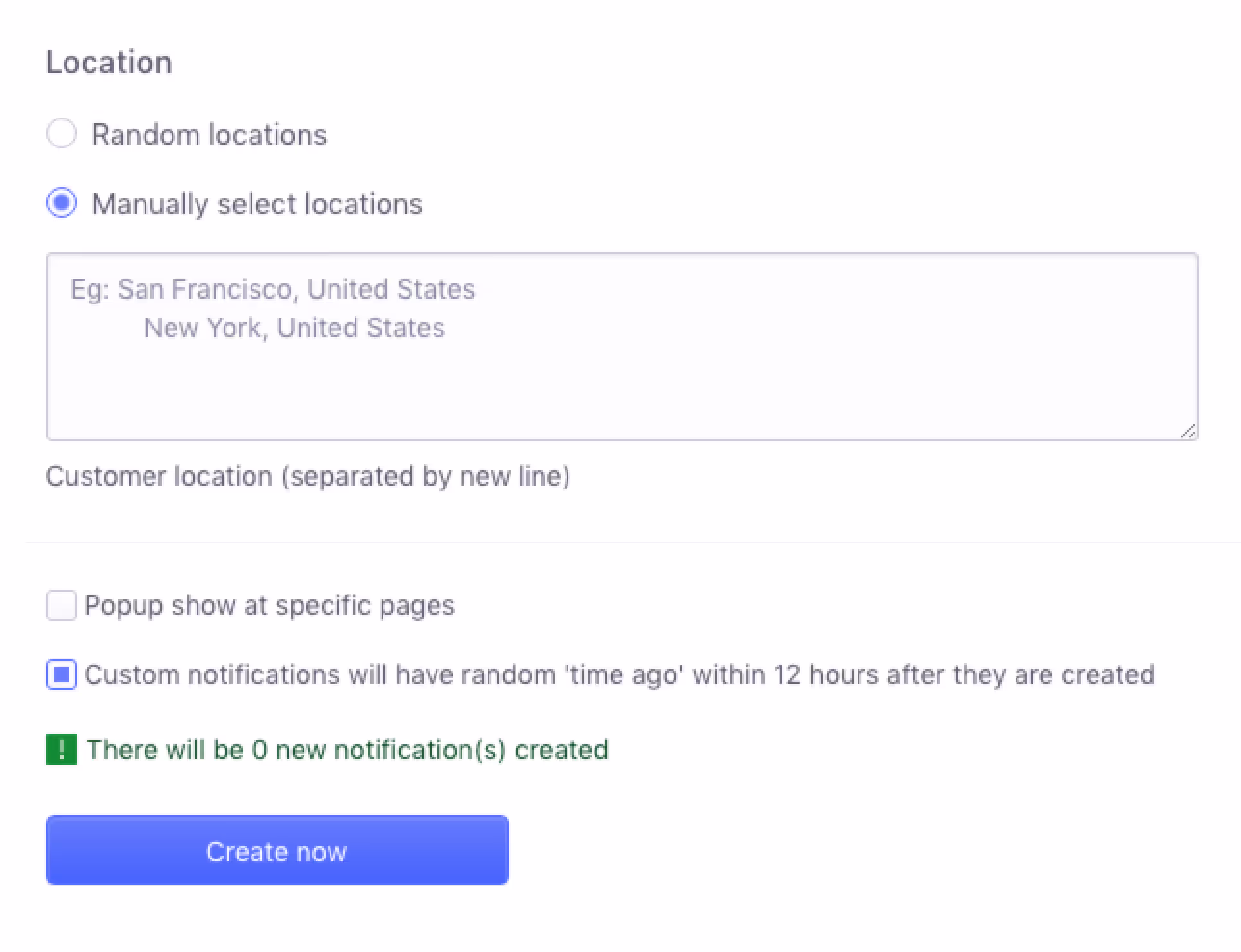 Screenshot of Beeketing’s Sales Pop notification configuration page. The shop owner can select fake locations where it will appear other shoppers have bought an item, and they can set notifications to have a randomly assigned ‘time ago’ label.