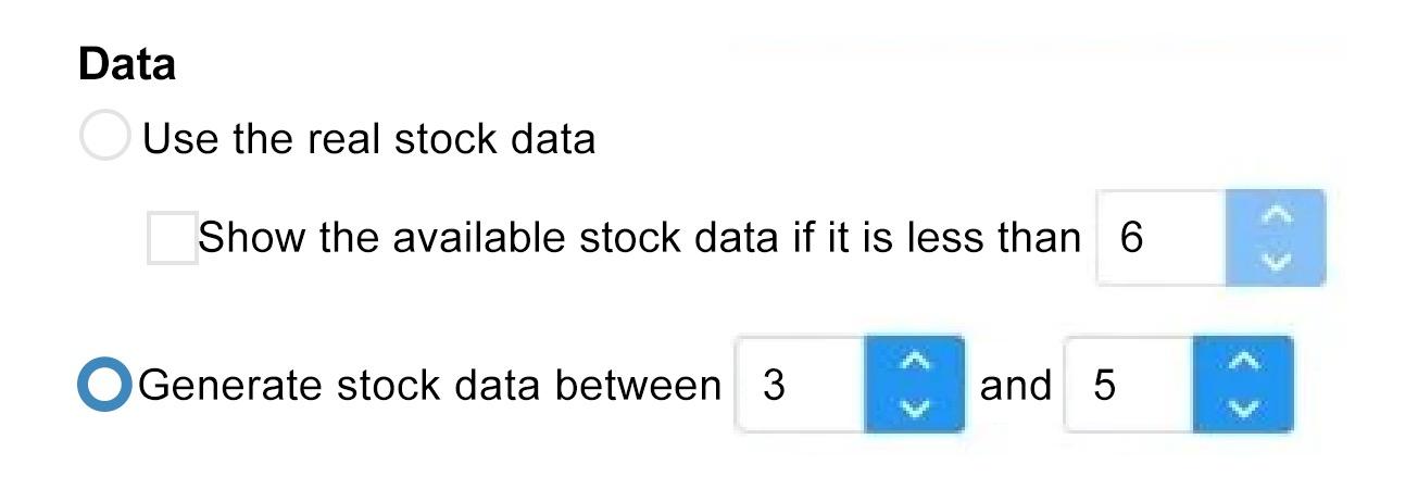 Screenshot from the Shopify page for the Hey!Scarcity Low Stock Counter app. As well as other options, the user can choose to ‘Generate stock data’ between selectable values, rather than use real stock data.